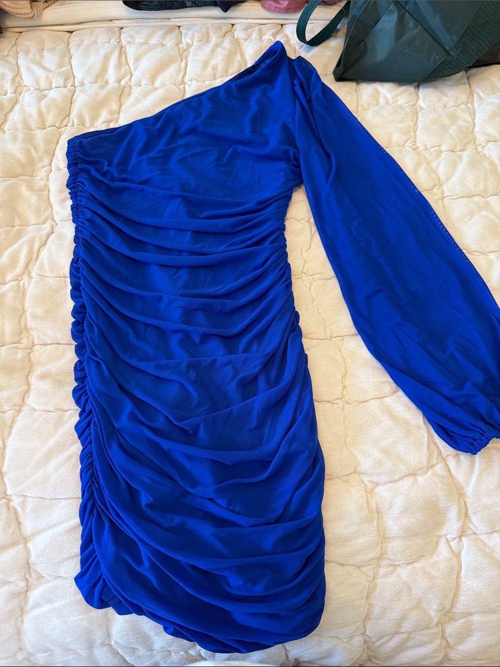 One-Shoulder Cobalt Ruched Mini Dress